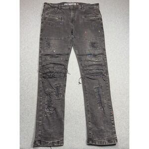 Grindhouse Denim Jeans Mens 38x34 Black Distressed Paint Splatter Skinny
